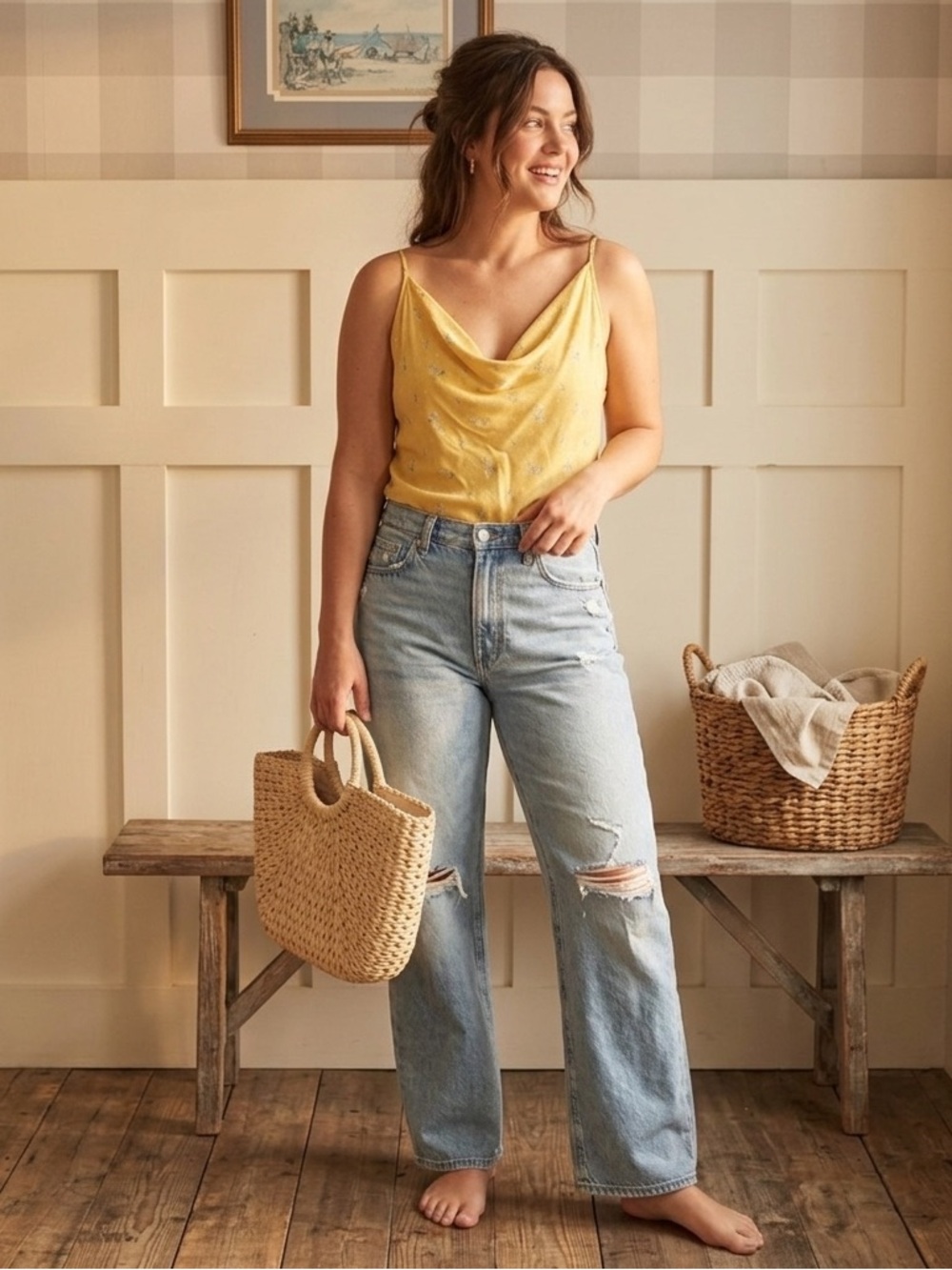 GAP Yellow Floral Cowl-Neck Camisole‎ Tank XL Summer Retro